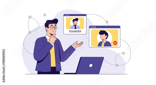 Man in video call with founder, business meeting, remote work, online communication