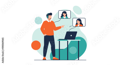 Man in video conference with two women, remote work, online meeting, technology concept