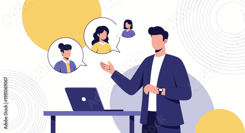 Man in video conference with colleagues, remote work concept