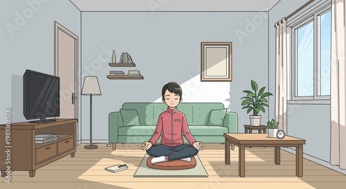 Man practices yoga meditation at home now.