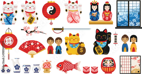 Japanese Culture and Luck Vector Set Featuring Maneki-neko Lucky Cats, Daruma Dolls, Kokeshi Figures, Lanterns, and Traditional Icons