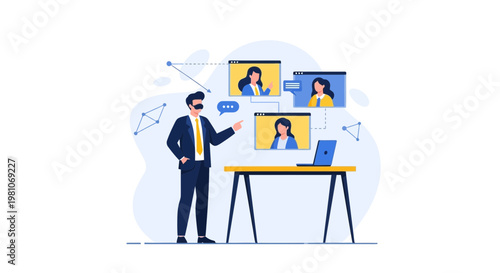 Man in VR headset conducting online meeting with colleagues on video call