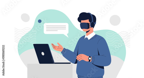 Man in VR headset and headphones interacting with digital world, laptop and chat bubble