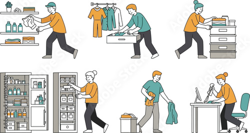 People perform daily tasks in the household.