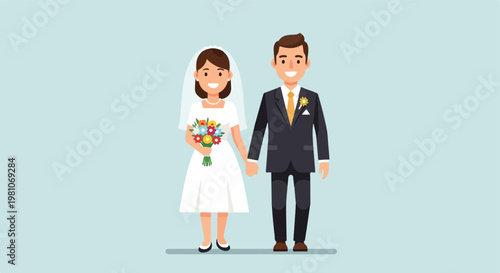 Happy bride and groom holding hands in a wedding illustration on blue background