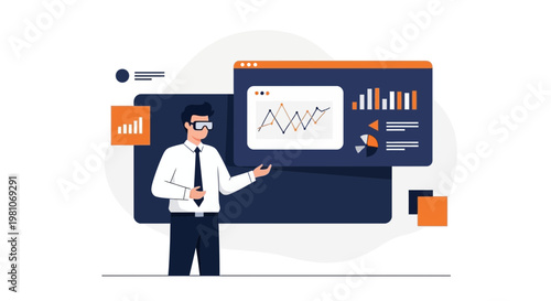 Man in VR headset presenting data analytics charts and graphs on screen