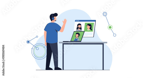 Man on Video Call with Colleagues, Remote Work Concept