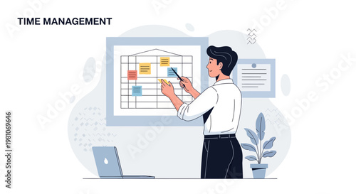 Man Planning Time Management Strategy on Board with Sticky Notes and Laptop