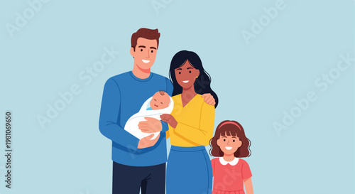 Happy multiracial family including father, mother, newborn baby and daughter