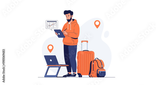 Man planning trip with laptop, tablet, suitcase and backpack, travel concept