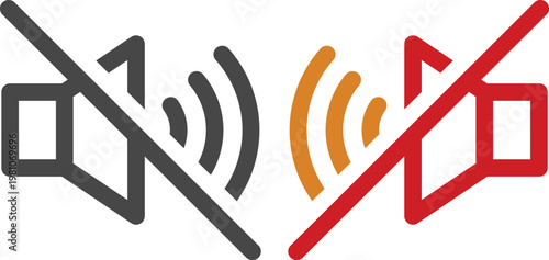 Speaker and sound icon set including volume up, down, mute and audio wave symbols in red, yellow and gray styles isolated on white background, ideal for media and UI design.