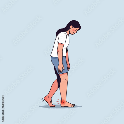 Illustration of a sad woman looking down at her red painful ankle while walking