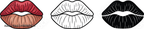 Female lips silhouette & Outline and illustration set isolated on transparent background
