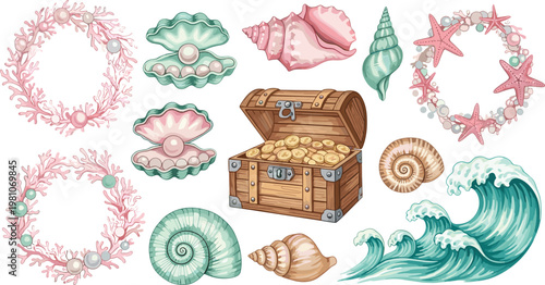 Nautical Treasure and Marine Life Vector Set Featuring Pearl Oysters, Treasure Chest, Sea Shell Wreaths, and Ocean Waves for Elegant Coastal Designs