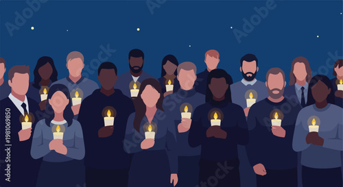 Diverse crowd of people holding lit candles during a night vigil under the stars