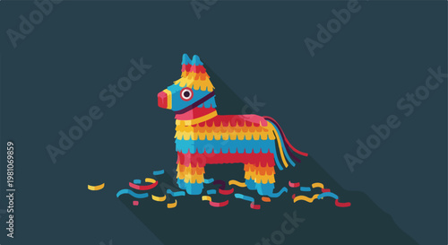 Vibrant donkey piñata flat vector illustration with confetti on dark background