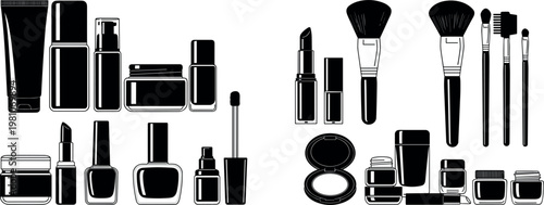 Cosmetic and Beauty Product Icons Set Featuring Lipsticks, Nail Polishes, Creams, Brushes, Bottles, and Jars for Websites, Apps, and Digital Media