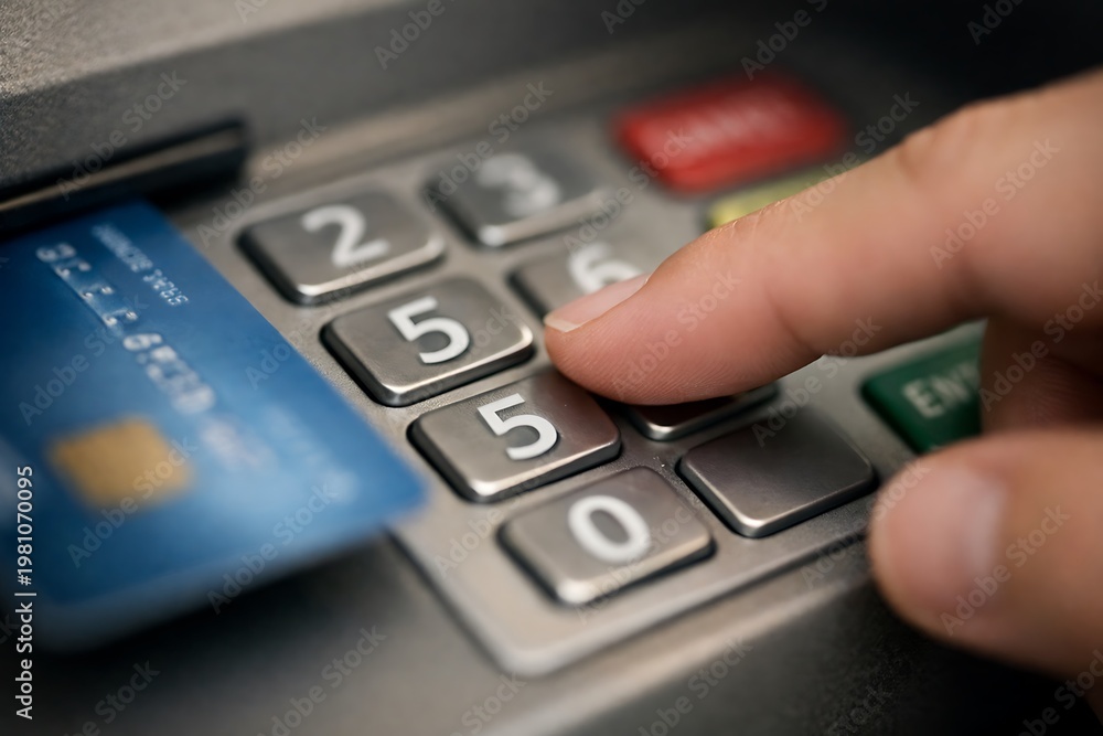 Obraz premium Hand Entering PIN on ATM Keypad with Bank Card