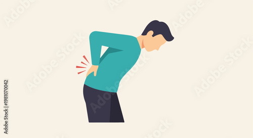 Man suffering from lower back pain holding spine area with red discomfort marks