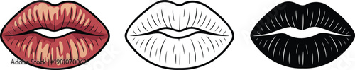 Female lips silhouette & Outline and illustration set isolated on transparent background