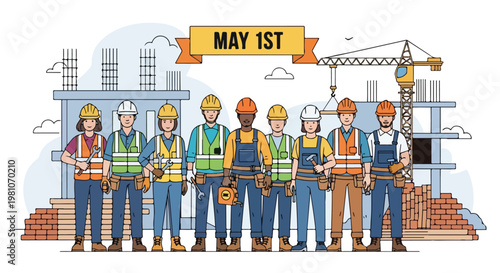 Diverse workers with tools at a building site for May 1st Labor Day celebration