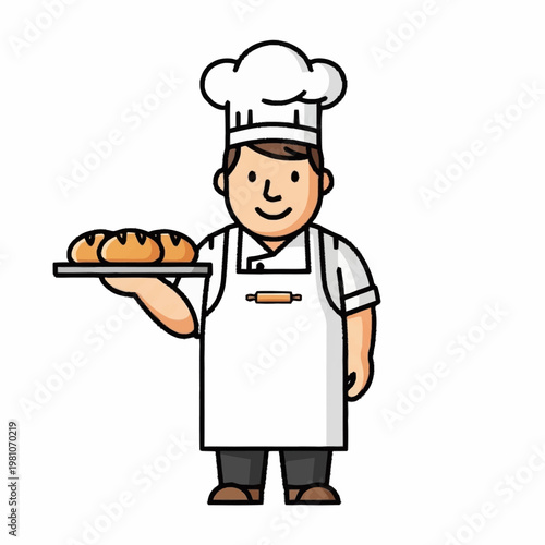 Baker holding a tray of fresh bread loaves wearing chef hat and apron.