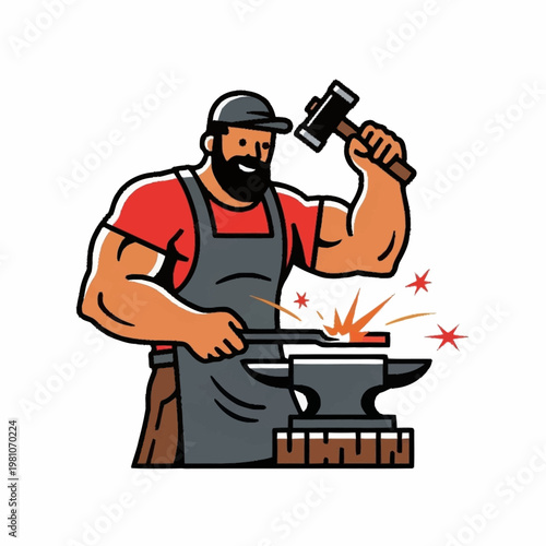 Blacksmith working with hammer and anvil on hot metal.