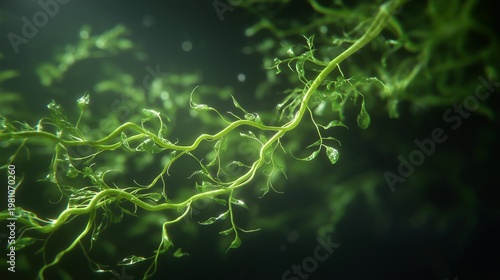 Animated synaptic spine elongation captured in a fluorescence microscopy render, vivid green dendritic branches extending in real time against a black field, perfect for synaptic plasticity, memory