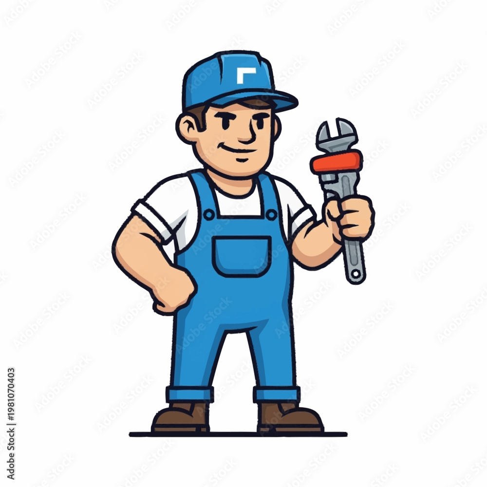 Fototapeta premium Cartoon Plumber Man Holding Wrench Ready to Work.