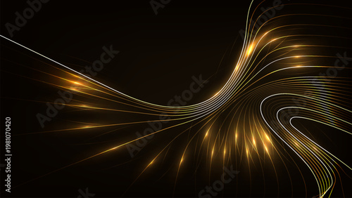 Abstract glowing lines with golden light on dark background create dynamic and futuristic design