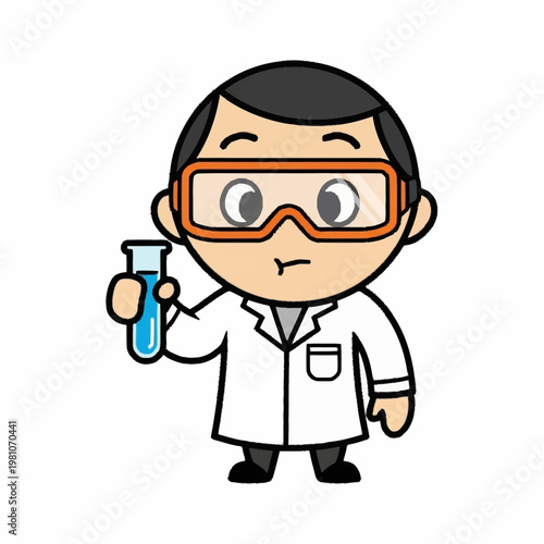 Cartoon scientist in lab coat and goggles holding test tube.