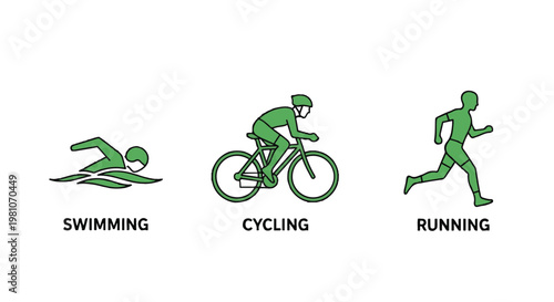 Illustration of three popular physical activities: swimming, cycling, and running