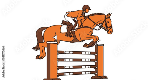 Equestrian rider jumping a hurdle with a brown horse in mid-air