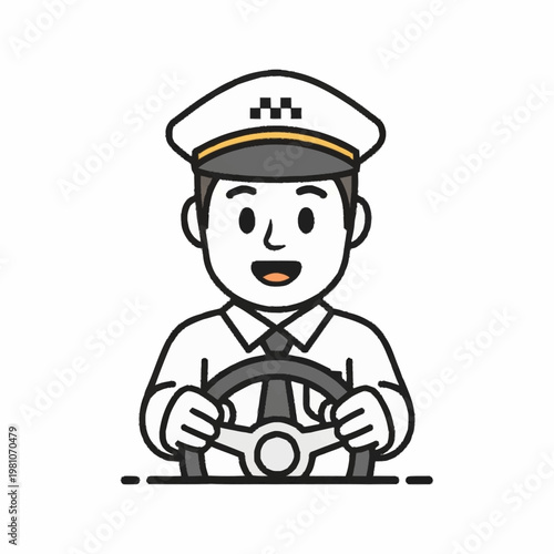 Cartoon Taxi Driver Wearing Hat Holding Steering Wheel.