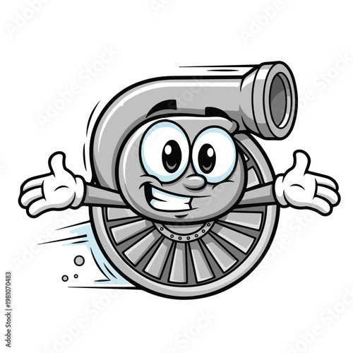A cartoon turbo mascot with a smiling face and outstretched arms, depicted in motion with speed lines against a plain white background, conveying energetic enthusiasm