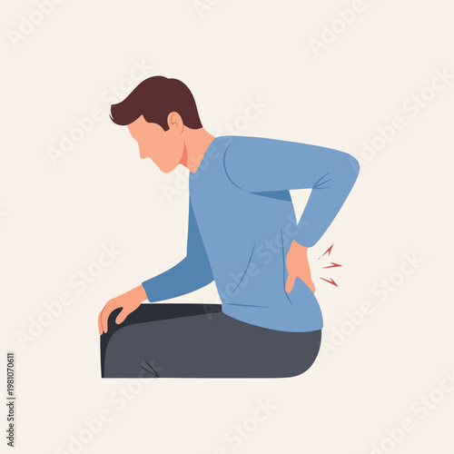 A flat vector illustration of a man sitting and clutching his aching lower back