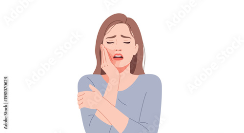 Young woman in a lavender top holds her painful cheek, suffering from toothache