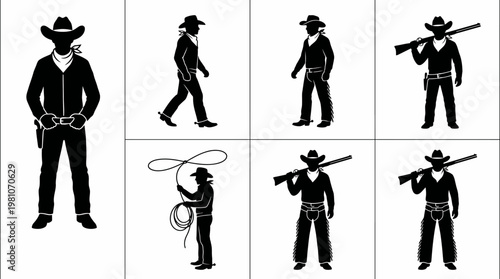 Cowboy Silhouette Vector Set Western Poses in Clean Grid Layout