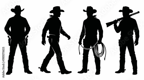 Cowboy Silhouette Vector Set Western Poses in Clean Grid Layout