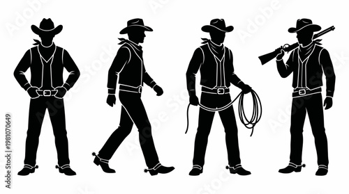 Cowboy Silhouette Vector Set Western Poses in Clean Grid Layout