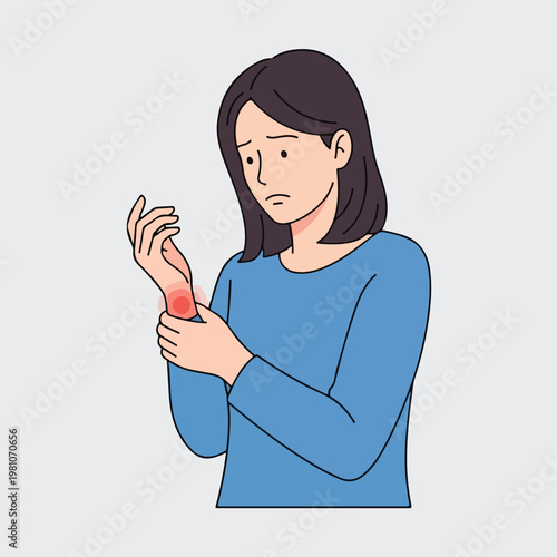 Woman clutching her painful wrist with a red inflammation spot, illustration