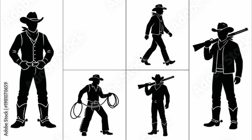 Cowboy Silhouette Vector Set Western Poses in Clean Grid Layout