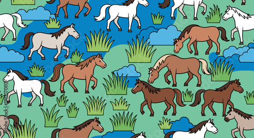 Horses Running in a Green Field.