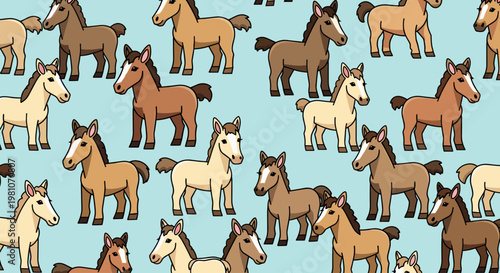 Horses in various brown and white colors.