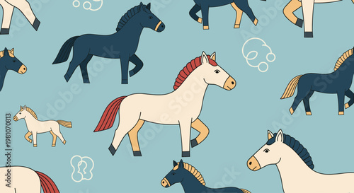 Horses in various poses running free.