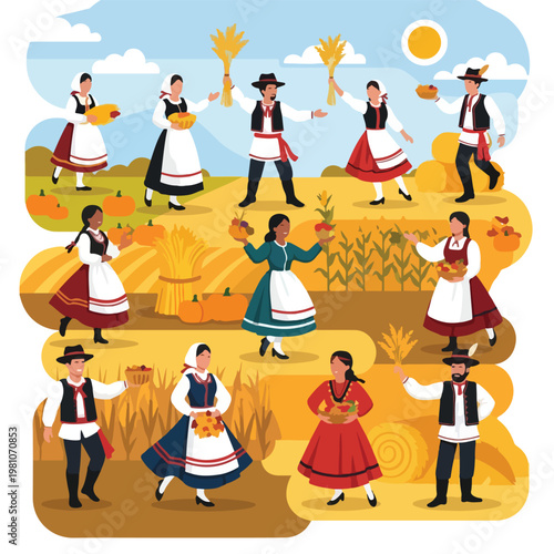 Flat vector illustration of folk people celebrating a rural autumn harvest gala