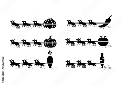Illustration set of reindeer silhouettes pulling giant fruit