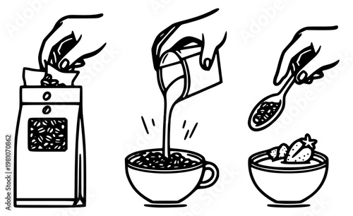 Breakfast preparation steps with cereal and milk line illustration