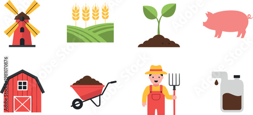 Farm and Agriculture Icons Set with Barns, Crops, Farmer, Animals, and Tools for Rural, Farming, and Countryside Designs