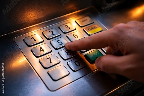 Close-up of Hand Entering PIN on ATM Keypad for Financial Transaction